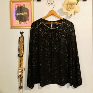 Black Sheer Top with Gold Flake & Rhinestone